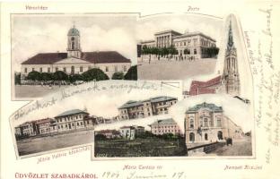 Szabadka, Subotica; Mária Valéria közkórház, Nemzeti Kaszinó, posta, városháza, Szent György templom, Mária Terézia tér / hospital, casino, post office, town hall, church, square