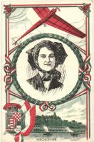 Pischoffné Budapesten, címer / Wife of Alfred Ritter von Pischoff aviator in Budapest, commemorative postcard