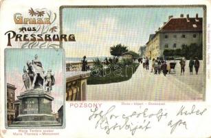 Pozsony, Pressburg, Bratislava; Duna kőpart, Mária Terézia szobor / quay, statue, floral (EK)