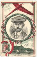 Illner Károly Budapesten, címer, hátoldalon Wágner hangszerkirály reklám / Aviator Illner Károly in Budapest, commemorative postcard (fa)