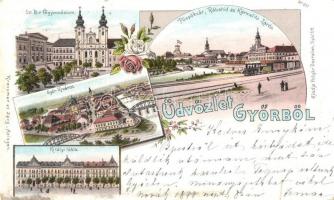 Győr, Főgimnázium, Újváros, zsinagóga, Királyi tábla, Rába híd, Krecsmar és Sacz kiadása, floral, litho (Rb)