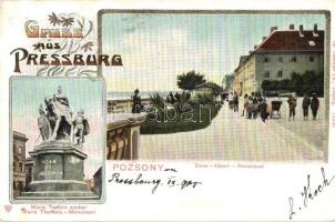 Pozsony, Pressburg, Bratislava; Duna kőpart, Mária Terézia szobor / quay, statue, floral