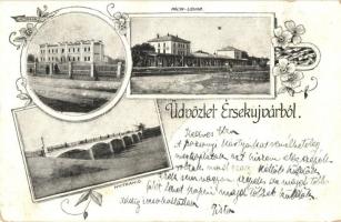Érsekújvár, Nové Zámky; kórház, vasútállomás, Nyitra híd / hospital, railway station, bridge, floral