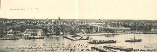 Újvidék, Novi Sad; Látkép, pontonhíd, kétlapos panorámalap, kiadja Singer József / general view, pontoon bridge, 2-tiled panoramacard