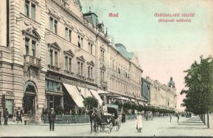 Arad, Andrássy tér, Központi szálloda, Kávéház, Lengyel Lőrinc bútoráruháza / square, hotel, cafe, furniture shop