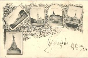 1899 Arad, Andrássy tér, Csanádi palota, városháza, Vértanúk szobra, kiadja Révész Nándor / square, palace, town hall, statue, floral (Rb)