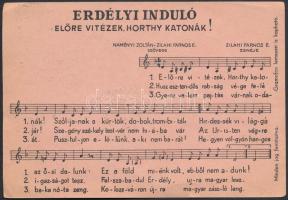 Erdélyi induló kottás képeslap; kiadja a Magyar Nemzeti Szövetség / Transylvanian march, sheet music, patriotic propaganda (kis szakadás / small tear)
