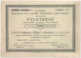 Budapest 1929. "A Tabáni Hegyalja út 5. számú Társasház Szövetkezet" 10db részvénye, összesen 500P értékben T:II kis szakadás
