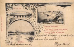 1899 Komárom, Komárno;  új híd, Ferenc József part, Hajógyár, kiadja Spitzer Sándor / new bridge, ship factory, quay, flora, Art Nouveau (Rb)