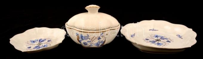 Aquincumi porcelán bonbonier, 2 db tálka, kézzel festett, jelzett, hibátlan, összesen 3 db, d: 16 és 22 cm, 13x15 cm