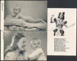 Vegyes fotó tétel, 3 db: Szörényi Éva (1917-2009) színésznő két fotólapja, valamint egy gyermek fotólapja, a hátoldalán: "Szörényi Éva kisfia" felirattal, Rozgonyi, Filmbolt, 9x14 cm.