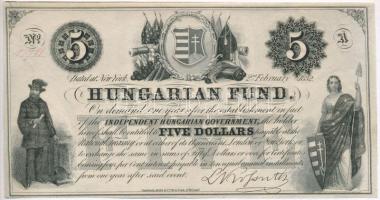 1852. 5$ A Kossuth bankó piros kézi sorszámozással T:I,I- lyuk, sarokhajlások  Hungary 1852. 5 Dollar A with red serial number C:UNC,AU hole, folded corners  Adamo G118/1b