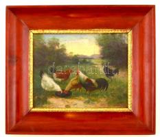 Olvashatatlan jelzéssel: Tyúkok a szabadban. Olaj, falemez, keretben, 25×30 cm
