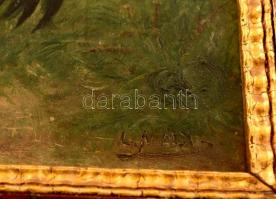 Olvashatatlan jelzéssel: Tyúkok a szabadban. Olaj, falemez, keretben, 25×30 cm