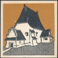 Kós Károly (1883-1977): A gelencei templom, színezett linómetszet, papír, jelzés nélkül, hátulján feliratozva, 11×11 cm