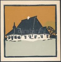 Kós Károly (1883-1977): Székely kúria, színezett linómetszet, papír, jelzés nélkül, hátulján feliratozva, 11×11 cm