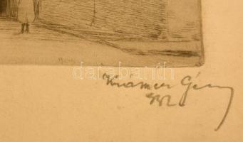 Krámer Géza(?-?): Utcarészlet. Rézkarc, papír, jelzett, üvegezett keretben, 12x10 cm