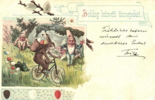 Boldog húsvéti ünnepeket / Easter greeting postcard, dwarves, rabbit, litho