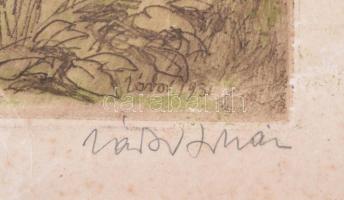 Zádor István (1882-1963): Pipázó juhász, színezett rézkarc, papír, jelzett, sérült, 41×28 cm