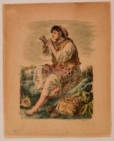 Benyovszky István (1898-1969): Cigány nő, színezett litho, papír, jelzett, 27×20 cm