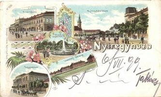 1899 Nyíregyháza, Lovassági laktanya, főgimnázium, népkert, városháza, főtér, kiadja Pringer János, Art Nouveau, floral, litho (kis szakadás / small tear)