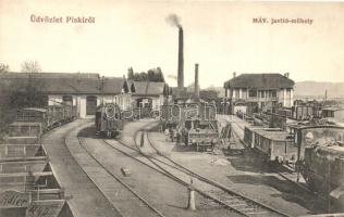 Piski, Simeria; MÁV javító műhely, mozdony, vagonok, Adler fényirda / train workshop, locomotive, wagons