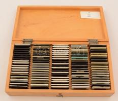Fa doboz, benne 100 db különféle, érdekes diafilmmel, 30,5×16,5×6 cm