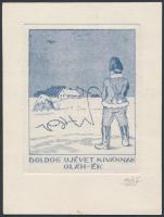 1940 (Dobi) Oláh István (1890-1944): Boldog Új Évet Kívánnak Oláh-ék, rézkarc, papír, jelzett, 10x8 cm.
