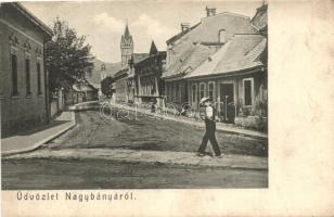 Nagybánya, Baia Mare; Utcarészlet, templom, kiadja Steinfeld Moritz / street, church (fa)