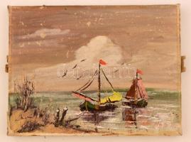 Olvashatatlan jelzéssel: Hajók viharban, olaj, vászon, sérült, 18,5×24,5 cm