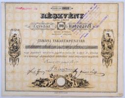 Tamási 1897. A Tamási Takarékpénztár részvénye 100K-ról szárazpecséttel, felülbélyegzéssel, szelvényekkel, a 30041. számú tétel sorszámkövető párja T:III