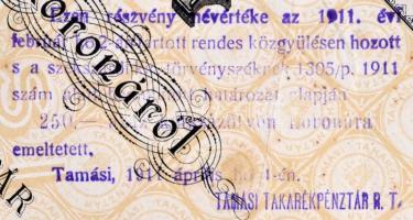 Tamási 1897. "A Tamási Takarékpénztár" részvénye 100K-ról szárazpecséttel, felülbélyegzéss...
