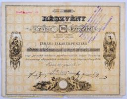 Tamási 1897. "A Tamási Takarékpénztár" részvénye 100K-ról szárazpecséttel, felülbélyegzéssel, szelvényekkel, a 30040. számú tétel sorszámkövető párja T:III