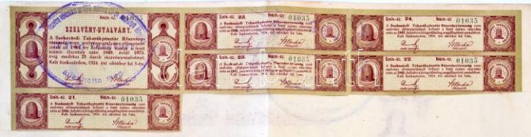 Szekszárd 1924. "A Szekszárdi Takarékpénztár" részvénye 25.000K-ról, felülbélyegzéssel, sz...