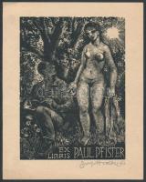 Josef Hodek (1888-1973): Ex Libris Paul Pfister, A természet lágy ölén, erotikus ex libris, fametszet, papír, jelzett, 13x9 cm./ Josef Hodek (1888-1973): Ex Libris Paul Pfister, In the nature, erotic ex libris, woodcut, paper, signed, 13x9 cm.