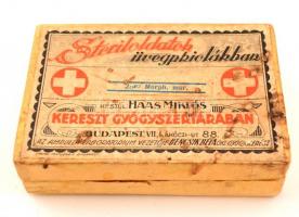Steriloldatok üvegphiolákban, Haas Miklós Kereszt Gyógyszertára, gyógyszeresdoboz, foltos, 6x9 cm.