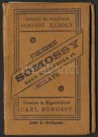 cca 1900 Somossy Mulató bőr leporellója, benne budapesti épületek fotóival (Nemzeti Színház, Nemzeti Múzeum, Központi Pályaudvar (Keleti), Nyugati Pályaudvar, (Dohány utcai) Zsinagóga, (Szent István) Bazilika, Igazságügyi Palota (Néprajzi Múzeum), kisebb sérülésekkel, de alapvetően jó állapotban,10x7 cm.