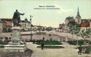 Marosvásárhely, Targu Mures; Széchényi tér, szobor, Kossuth park, kiadja Porjes S. Sándor / square, statue, park