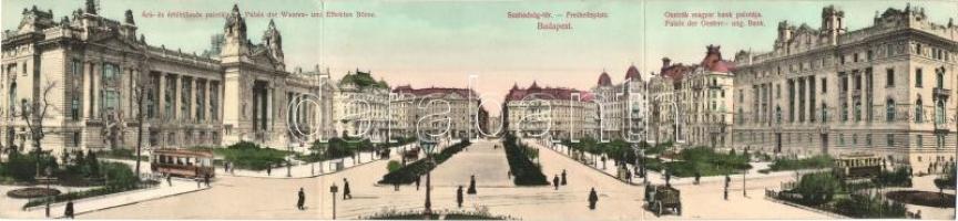 Budapest V. Szabadság tér, Árú- és értéktőzsde palotája, kávéház, Osztrák-magyar bank, villamosok, háromlapos panorámalap, kiadja Divald Károly / 3-tiled panoramacard