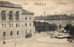 Sopron, Széchényi tér, szobor, villamos, kiadja Kummert L. utóda