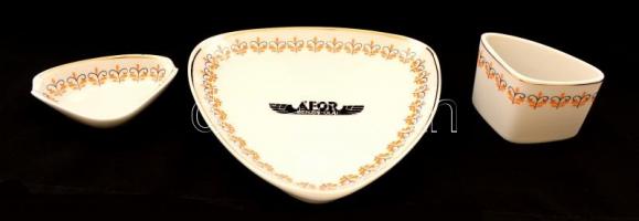 Hollóházi ÁFOR porcelán szett: tálka, 15,5×15,5 cm, kis hamuzó, 8,5×6 cm, fogpiszkálótartó, 7,5×4 cm, matricás, jelzettek, apró kopásnyomokkal