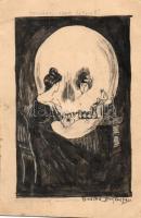 Lady, skull, handmade art postcard, 5 f Ga s: Glück Emil (EK)