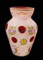 Virágmintás hámozott üveg váza, matricás, jelzés nélkül, hibátlan, m: 15,5 cm