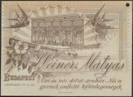 cca 1890 Bp., VI. Weiner Mátyás divatüzlete számolócédula, jegyzék, papír.