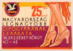 1920-1930 Sirály, Magyarország legnagyobb cipőgyárának lerakata reklámplakát, papír, javítás nyomaival, 23x34 cm.