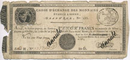 Franciaország / Rouen 1797-1803. 20Fr "annulé (érvénytelen)" felülbélyegzéssel T:IV  France / Rouen 1797-1803. 20 Francs "annulé (cancelled)" C:G Krause S245a