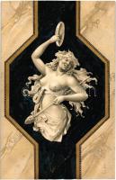 Bacchánsnő / Priestess of Dionysus, erotic nude art posctard, Art Nouveau litho (vágott / cut)