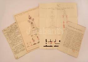 1826 Győr, az újvárosi kórház templomtornyának építésével kapcsolatos régi dokumentumok, tervek 4 db / Plan des neu zu erbauenden Thurmes an der Spital Kirche in der Wiener Vorstadt zu Raab