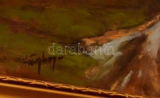 Görgényi Béla (?-): Tehenek az úton. Olaj, vászon, jelzett, keretben, 30×40 cm