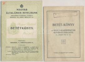 1940-1941. "Magyar Általános Hitelbank Erzsébetvárosi Fiókja" betétkönyv, bejegyzésekkel, szárazpecséttel + 1941-1944. "Betét-könyv A Pécsi Takarékpénztár Budapesti Fiókjától" bejegyzésekkel